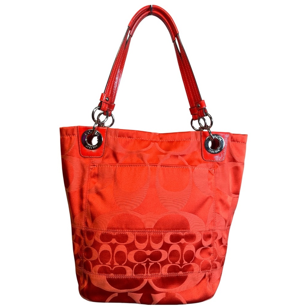 COACH Alex Signature Coral Patent Leather Trim Sateen Canvas Tote EUC - Picture 3 of 14